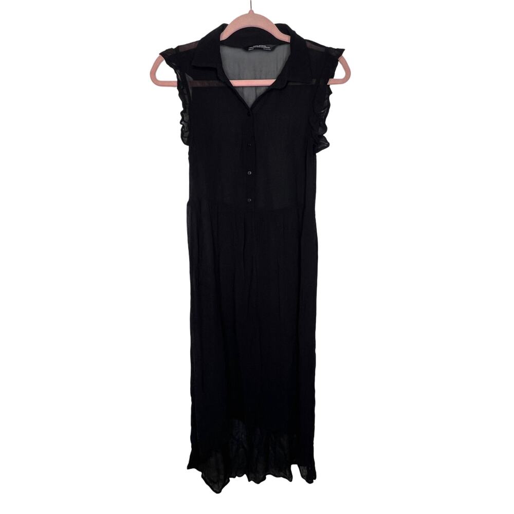 Zara Hi-Low Black Semi Sheer Sleeveless Collared‎ 4 Buttons Maxi Dress Size S